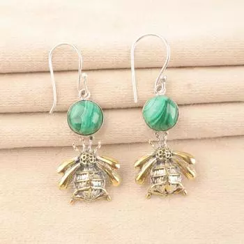 Натуральный малахит, серебро 925 пробы, серьги ручной работы 2 , подарок для мамы EE-154-28