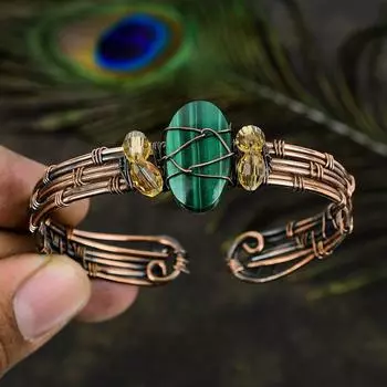 Натуральный малахитовый драгоценный камень ручной работы из медной проволоки, браслет-манжета, регулируемый E9j93