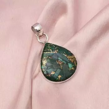 Натуральный медный малахит с серебряным ожерельем-цепочкой из стерлингового серебра 925 пробы