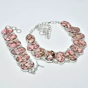 Натуральный медный родохрозит драгоценный камень ручной работы из стерлингового серебра 925 пробы комплект браслетов с ожерельем из медного родохрозита, комплект антикварных ювелирных изделий, подарки 20 розовый