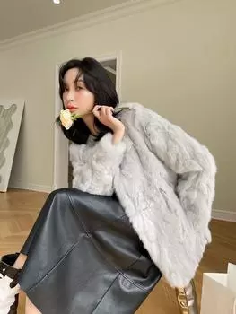 Натуральный мех 2024 года, новая меховая интегрированная маленькая ароматная ветровая шуба из меха кролика Рекс, зимнее пальто средней и длинной длины для женщин one size fits all серый