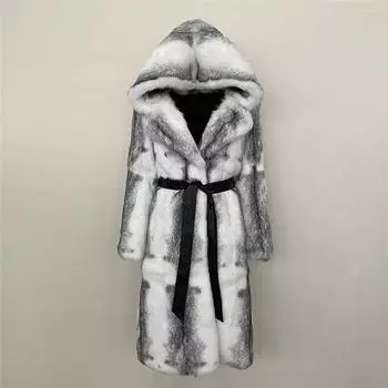 Натуральный мех кролика, женское зимнее модное теплое меховое пальто с капюшоном, женское меховое пальто All-in-one L белый