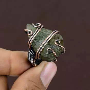 Натуральный мох-пренит, драгоценный камень, кольцо ручной работы из медной проволоки, размер 6,5 h6F21