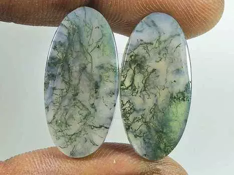 Натуральный моховой агат, драгоценный камень 21 карат. Свободная пара овальных кабошонов 12X26MM SK-2752