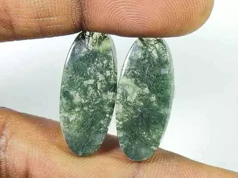 Натуральный моховой агат, драгоценный камень 22 карата. Свободная пара овальных кабошонов 11X27MM SK-2745