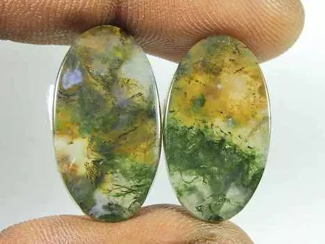 Натуральный моховой агат, драгоценный камень 27 карат. Свободная пара овальных кабошонов 14X24MM SK-2753