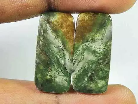 Натуральный моховой агат, драгоценный камень 27 карат. Прямоугольные кабошоны, пара 11X25MM SK-2760