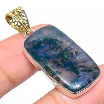 Натуральный моховой агат драгоценный камень 925 стерлингового серебра подарочный двухцветный кулон 1.77 u3D68