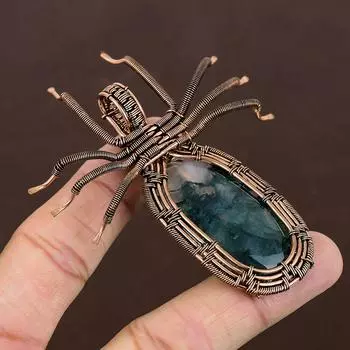 Натуральный моховый агат, драгоценный камень, подвеска-паук из медной проволоки ручной работы, 2,56 дюйма, e4W33