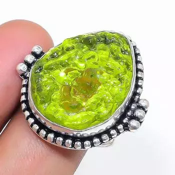 Натуральный молдавит кварц драгоценный камень 925 стерлингового серебра ювелирное кольцо размер 9 W0g50