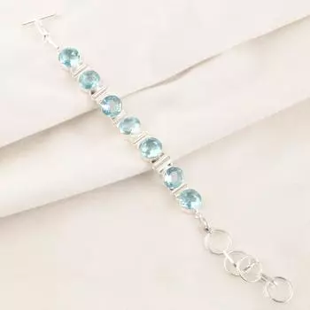 Натуральный небесно-голубой топаз, драгоценный камень, серебро 925 пробы, браслет-цепочка ручной работы 9 RB-7-11