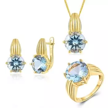 Натуральный небесно-голубой топаз, драгоценный камень круглой огранки, серьги, кольцо, кулон, ожерелье из стерлингового серебра 925 пробы, изысканные украшения для женщин, хороший подарок us ring size 7# синий