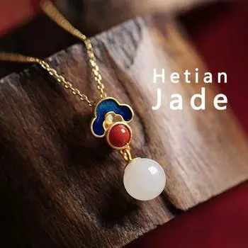 Натуральный нефрит Хэтянь в китайском стиле небольшие серьги-гвоздики и ожерелье с высоким смыслом для женщин Earrings