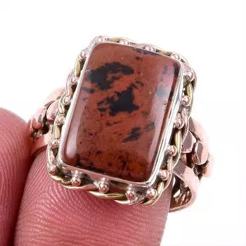 Натуральный обсидиан красного дерева, двухцветное кольцо из твердого серебра 925 пробы, размер 9US o7o47