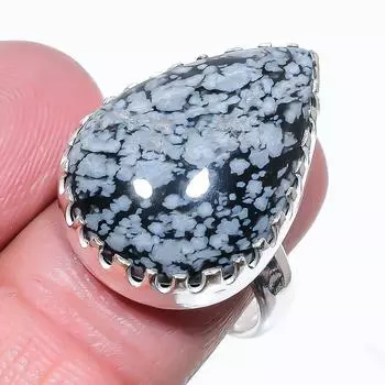 Натуральный обсидиан Snoflake драгоценный камень 925 стерлингового серебра Подарочное кольцо Размер 7 k9H75