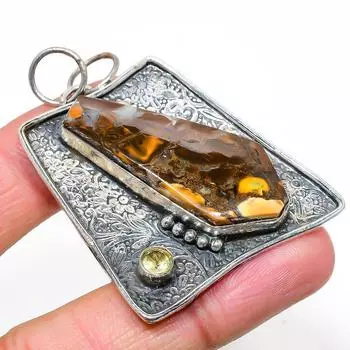 Натуральный окаменелый глиняный окаменелый камень, цитрин, кулон из стерлингового серебра 925 пробы 2,25 дюйма y1T05