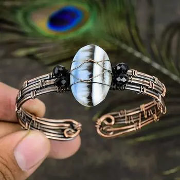 Натуральный опал Owyhee, драгоценный камень, браслет ручной работы из медной проволоки, браслет-манжета, регулируемый. а4м53