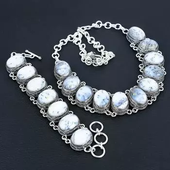 Натуральный опаловый камень-дендрит, ручная работа, серебряные украшения 925 пробы, ожерелье-браслет с опалом-дендритом, комплект старинных ювелирных изделий, браслет для пасхального подарка 20 белый