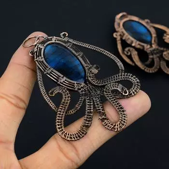 Натуральный осьминог, синий лабрадорит, драгоценный камень, медная проволока, подвеска 3,35 дюйма f7C95