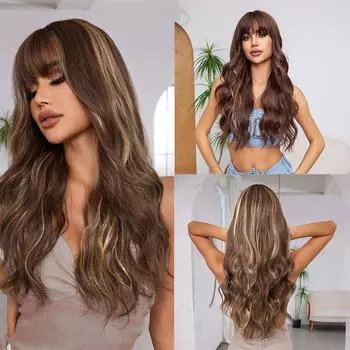 Натуральный парик с прямой челкой, химический парик, женские длинные волосы, длинный вьющийся парик из волокна, женская мода, полная голова 66cm