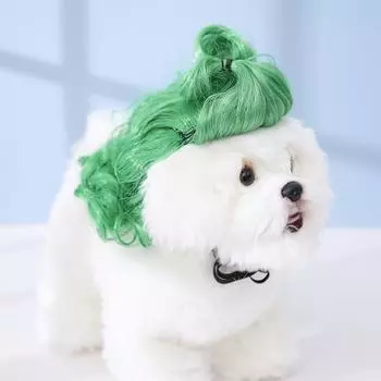 Натуральный парик забавный питомец собака волосы головной убор кошка вьющиеся волосы зелёный