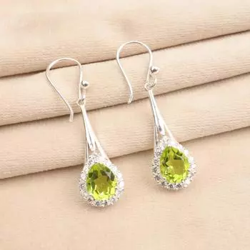 Натуральный Перидот Драгоценный Камень 925 Стерлинговое Серебро Циркон Подвески Серьги 1.86 CZE-7-1
