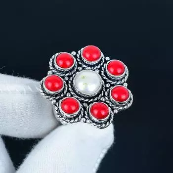 Натуральный перламутр, Красный коралл, Драгоценный камень, Ручная работа, Кольцо из стерлингового серебра 925 пробы - Кольцо в богемном стиле - Украшения бохо ручной работы для женщин и мужчин, Подарки US 4 белый