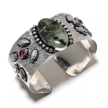 Натуральный пренит, рубиллит, драгоценный камень, браслет-манжета из стерлингового серебра 925 пробы, регулируемый. П5С74