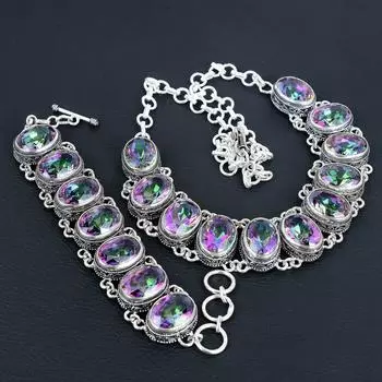 Натуральный радужно-мистик-топаз драгоценный камень ручной работы из стерлингового серебра 925 пробы ожерелье браслет комплект, антикварный ювелирный комплект, свадебные подарки браслет для подарков 20 белый