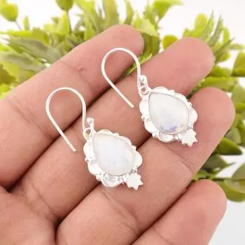 Натуральный Радужный Лунный Камень Драгоценный Камень 925 Стерлинговое Серебро Ювелирные Изделия Серьги-капли EE-163-32