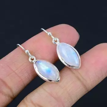 Натуральный Радужный Лунный Камень Драгоценный Камень Стерлингового Серебра 925 Пробы Форма Маркизы Ручной Работы Висячие Серьги Ювелирные Изделия Подарок на День Святого Валентина Для Женщин и Девочек
