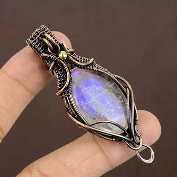 Натуральный Радужный Лунный Камень, Драгоценный Камень, Медная Проволока, Подвеска, Подарок 2,35 дюйма, A2M13