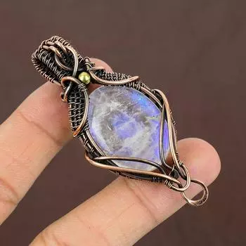 Натуральный Радужный Лунный Камень, Драгоценный Камень, Медная Проволока, Подвеска, Подарок 2,25 дюйма Z8l03