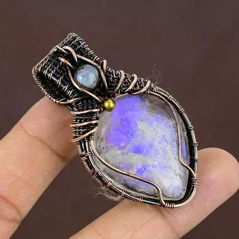 Натуральный Радужный Лунный Камень, Драгоценный Камень, Медная Проволока, Подвеска, Подарок 2,35 дюйма, P4c35