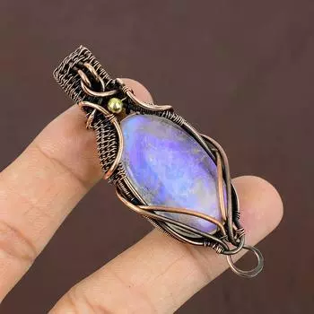 Натуральный Радужный Лунный Камень, Драгоценный Камень, Медная Проволока, Подвеска, Подарок 2,15 дюйма, W2P16