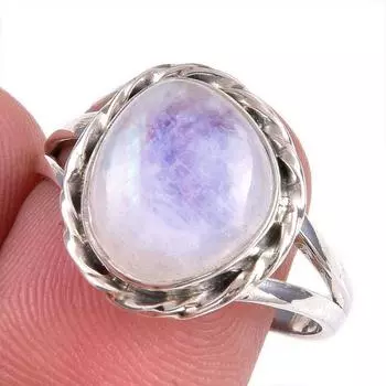 Натуральный Радужный Лунный Камень Драгоценный Камень Ручной Работы Твердое Серебро 925 Подарочное Кольцо S.9 O6u68