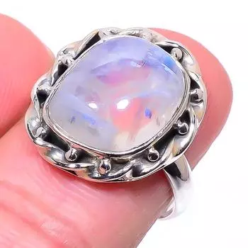 Натуральный радужный лунный камень драгоценный камень 925 стерлингового серебра ювелирное кольцо размер 8 c0q13