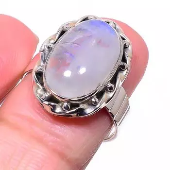 Натуральный радужный лунный камень драгоценный камень 925 стерлингового серебра ювелирное кольцо размер 9 D6O61
