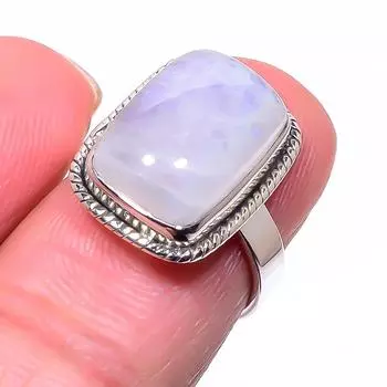 Натуральный радужный лунный камень драгоценный камень 925 стерлингового серебра ювелирное кольцо размер 6 O3m02