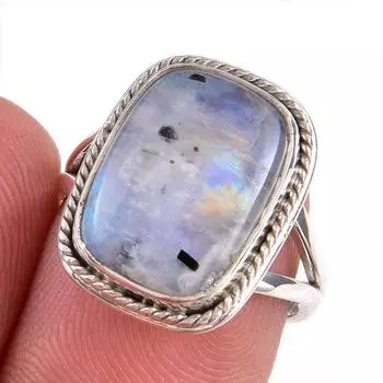 Натуральный Радужный Лунный Камень Драгоценный Камень Ручной Работы Твердое Серебро 925 Подарочное Кольцо S.7 l8T63