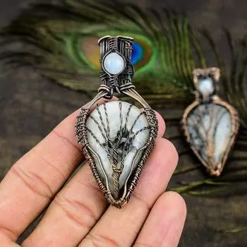 Натуральный Радужный Лунный Камень, Драгоценный Камень, Медная Проволока, Подарочная Подвеска 2,64 дюйма, c7p58