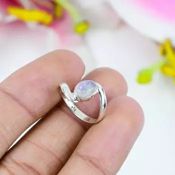 Натуральный Радужный Лунный Камень, Драгоценный Камень, Твердое Кольцо Стерлингового Серебра 925, Размер 9,5 T1h88