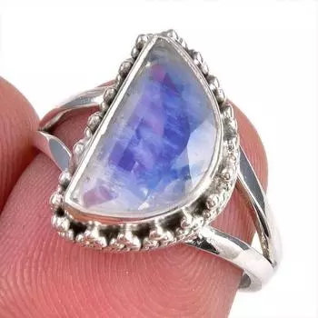 Натуральный радужный лунный камень драгоценный камень 925 чистое серебро ювелирное изделие кольцо размер 6.5 d9g38