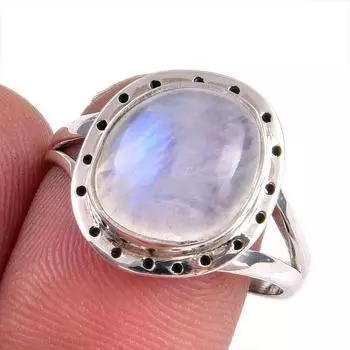 Натуральный Радужный Лунный Камень Драгоценный Камень Ручной Работы Твердое Серебро 925 Подарочное Кольцо S.9 M3d96