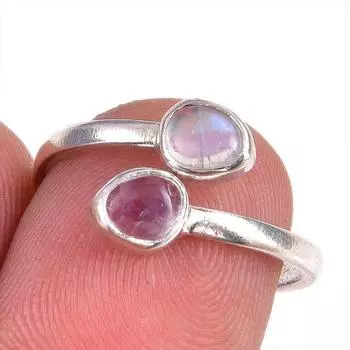 Натуральный Радужный Лунный Камень Драгоценный Камень Твердое Серебро 925 Регулируемое Кольцо Ювелирные Изделия r3F28