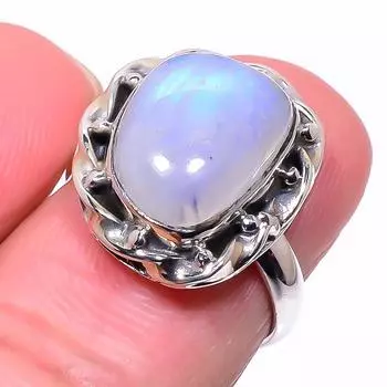 Натуральный радужный лунный камень драгоценный камень 925 стерлингового серебра ювелирное кольцо размер 6 F3Q18