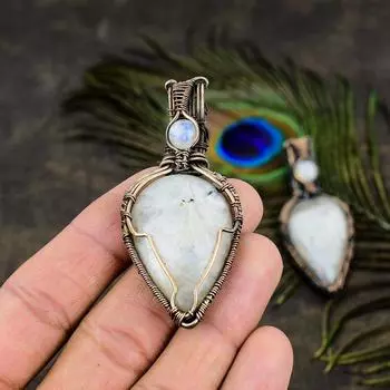 Натуральный радужный лунный камень, драгоценный камень, медная проволока, подарочная подвеска 2,80 дюйма, g4e16