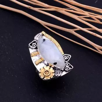 Натуральный Радужный лунный камень, двухцветное кольцо из стерлингового серебра 925 пробы, размер 8 B5p72