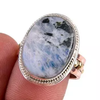 Натуральный радужный лунный камень, двухцветное кольцо из стерлингового серебра 925 пробы, размер 8 W6i88