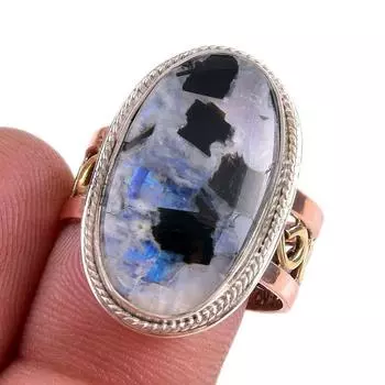 Натуральный радужный лунный камень, двухцветное кольцо из стерлингового серебра 925 пробы, размер 7 y3D86
